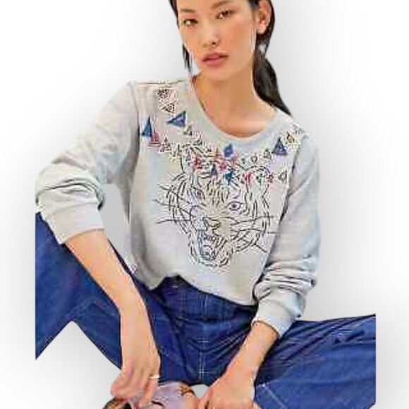 Anthropologie Luna Mercantile Co Tiger Graphic Patchwork Oversize Sweatshirt M - Picture 2 of 9